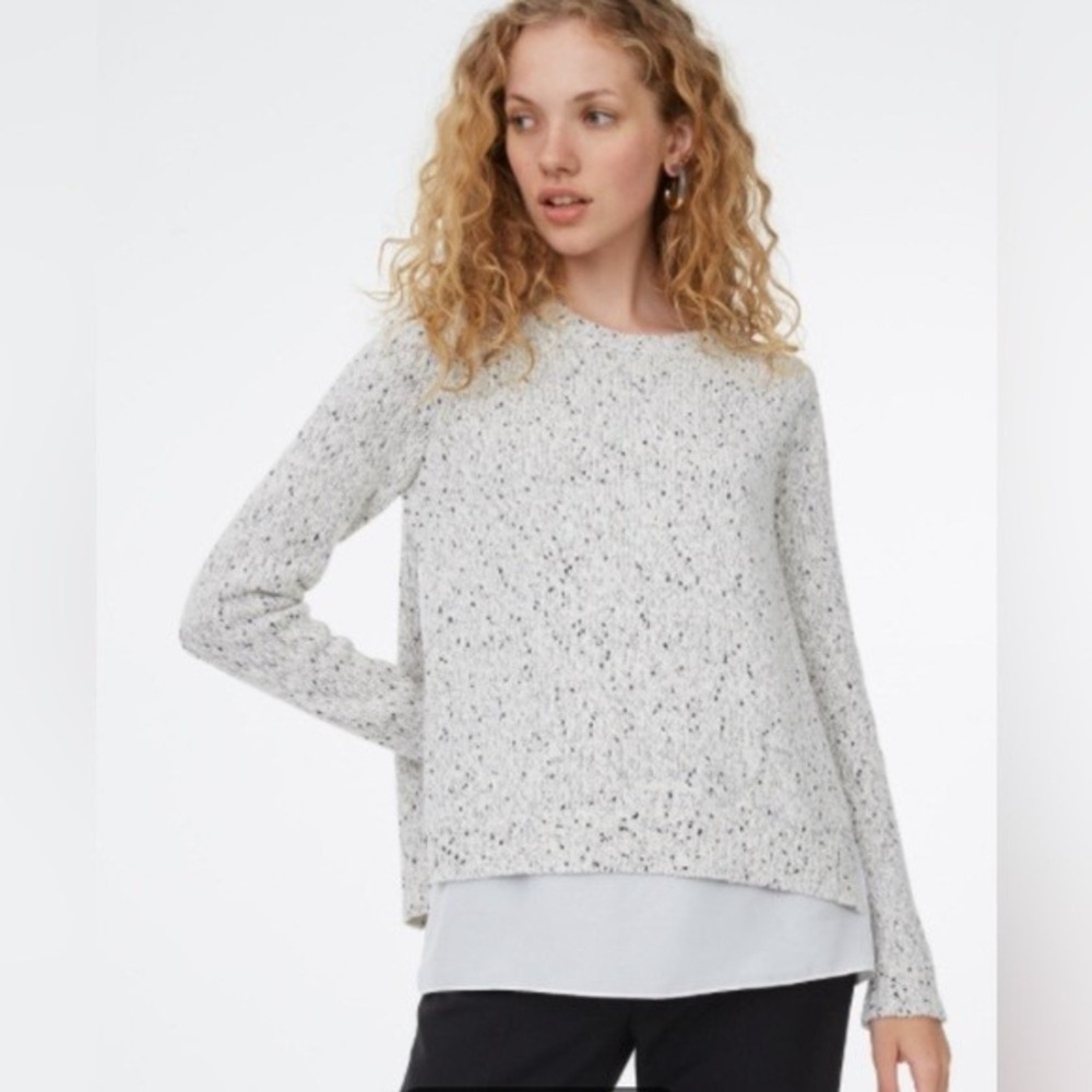 Club Monaco Kaelane Speckled Knit Sweater with Sheer Layer White XS TP‎